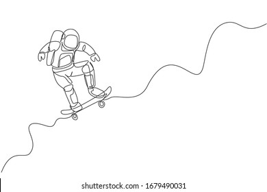 Single continuous line drawing of astronaut riding skateboard on moon surface. Space astronomy galaxy sport concept. Trendy one line draw design graphic vector illustration