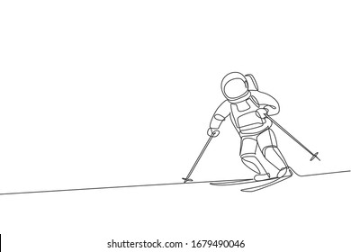 Dibujo de línea continua de astronauta esquiando en la superficie de la luna, en el espacio profundo exterior. Concepto deportivo de galaxia astronómica espacial. Ilustración vectorial de diseño de tracción de una línea de moda