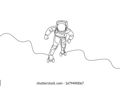 Single continuous line drawing of astronaut exercising on roller skates on moon surface, deep space. Space astronomy galaxy sport concept. Trendy one line draw graphic design vector illustration