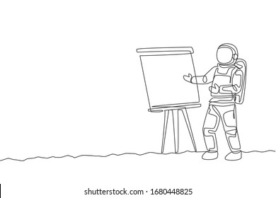 Single continuous line drawing of astronaut give marketing and sales data presentation in company meeting. Business office with galaxy outer space concept. One line draw design vector illustration