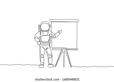Single continuous line drawing of astronaut giving business presentation in company meeting. Business office with galaxy outer space concept. Trendy one line draw design vector illustration graphic
