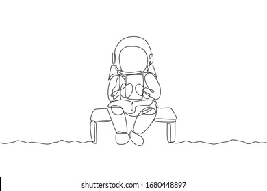 Single continuous line drawing of astronaut siting relax on chair while reading news in tablet phone. Business office with galaxy outer space concept. Trendy one line draw design vector illustration