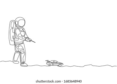 Single continuous line drawing of astronaut playing sedan car radio control in moon surface. Having fun in leisure time on outer space concept. Trendy one line draw design graphic vector illustration