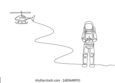 Single continuous line drawing of astronaut playing helicopter radio control in moon surface. Having fun in leisure time on outer space concept. Trendy one line draw design vector graphic illustration