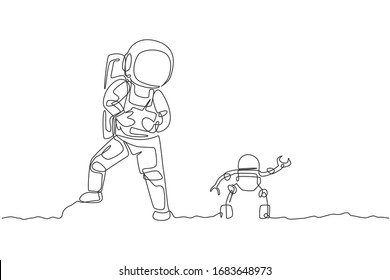 Single continuous line drawing of astronaut playing robot radio control in moon surface. Having fun in leisure time on outer space concept. Trendy one line draw graphic design vector illustration