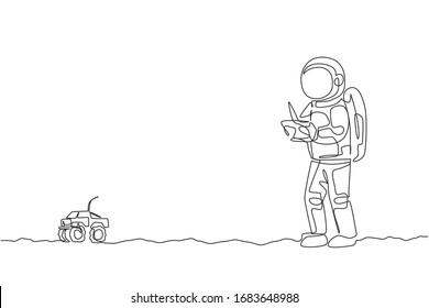 Single continuous line drawing astronaut playing monster truck radio control in moon surface. Having fun in leisure time on outer space concept. Trendy one line draw graphic design vector illustration