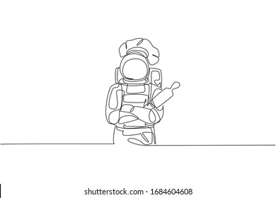 Single continuous line drawing of astronaut chef hold rolling pin and cross his hand on chest, outer space cafe. Healthy bakery shop concept. Trendy one line draw graphic design vector illustration