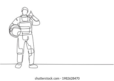 Single continuous line drawing astronaut stands with call me gesture wearing space suit exploring earth, moon, other planets in the universe. Dynamic one line draw graphic design vector illustration