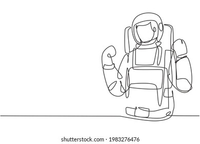 Single continuous line drawing astronaut with celebrate gesture wearing spacesuits to explore outer space in search mysteries of universe. Dynamic one line draw graphic design vector illustration