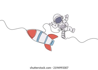 Einzelne kontinuierliche Zeichnung des Astronauten im Weltraum mit Raketenraumflugzeugen. Science Milky-Weg Astronomie Konzept. Trendsetter, 1-zeiliger Zeichnungsstil, Vektorgrafik