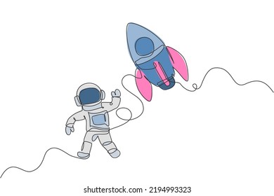 Single continuous line drawing of astronaut in spacesuit flying at outer space with rocket spacecraft. Science milky way astronomy concept. Trendy one line draw graphic design vector illustration