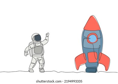Single continuous line drawing of astronaut in spacesuit waving hand and saying good bye to the rocket spacecraft. Science milky way astronomy concept. Trendy one line draw design vector illustration