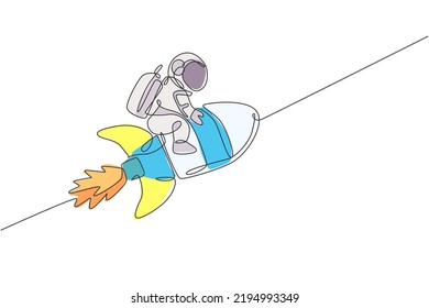 Single continuous line drawing of astronaut in spacesuit flying at outer space while sitting and riding rocket spacecraft. Science astronomy concept. Trendy one line draw design vector illustration