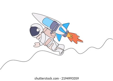 Single continuous line drawing astronaut in spacesuit flying at outer space with jetpack rocket spacecraft. Science milky way astronomy concept. Trendy one line draw design vector illustration graphic