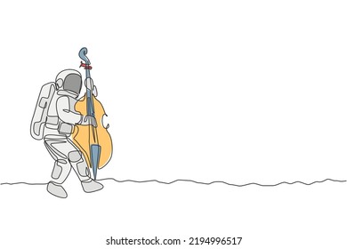 Dibujo de línea continua de un violoncelista astronauta tocando instrumento musical cello sobre la superficie de la luna. Concepto de conciertos de música en el espacio ultraterrestre. Ilustración gráfica del vector de diseño de una línea de moda