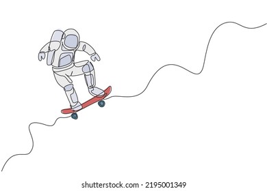 Single continuous line drawing of astronaut riding skateboard on moon surface. Space astronomy galaxy sport concept. Trendy one line draw design graphic vector illustration