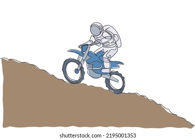 Single Continuous Line Drawing Of Astronaut Exercise Motocross Trick On Moon Surface. Space Astronomy Galaxy Sport Concept. Trendy One Line Draw Design Graphic Vector Illustration