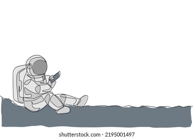 Single continuous line drawing of astronaut siting on moon surface and texting to partner in earth. Business office with galaxy outer space concept. Trendy one line draw design vector illustration