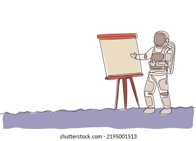 Single continuous line drawing of astronaut give marketing and sales data presentation in company meeting. Business office with galaxy outer space concept. One line draw design vector illustration