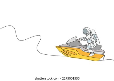 Single continuous line drawing of astronaut exercise jetski on moon surface, outer deep space. Space astronomy galaxy sport concept. Trendy one line draw graphic design vector illustration