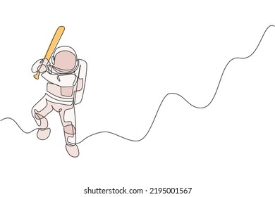 Single continuous line drawing of astronaut playing baseball on moon surface. Space astronomy galaxy sport concept. Trendy one line draw graphic design vector illustration