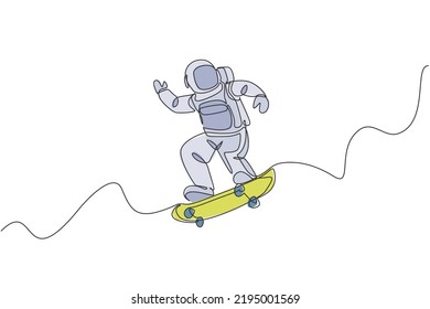 Single continuous line drawing of astronaut riding skateboard on moon surface, outer deep space. Space astronomy galaxy sport concept. Trendy one line draw design vector illustration graphic