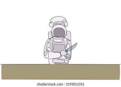 Single Continuous Line Drawing Astronaut Chef Holding Knife And Crossing Arms On Chest In Outer Space Cafe. Healthy Restaurant Cuisine Concept. Trendy One Line Draw Design Graphic Vector Illustration