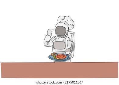 Single continuous line drawing of astronaut chef serving delicious steak food in outer space cafe. Healthy restaurant cuisine concept. Trendy one line draw design vector graphic illustration