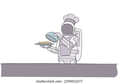 Single continuous line drawing astronaut chef serving delicious food while opening metal food cloche tray. Healthy restaurant cuisine concept. Trendy one line graphic draw design vector illustration