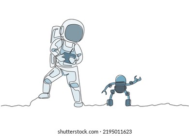 Single continuous line drawing of astronaut playing robot radio control in moon surface. Having fun in leisure time on outer space concept. Trendy one line draw graphic design vector illustration