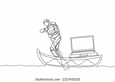 Single continuous line drawing astronaut sailing away on boat with laptop computer. High-tech to carry out intergalactic exploration missions. Cosmonaut deep space. One line design vector illustration