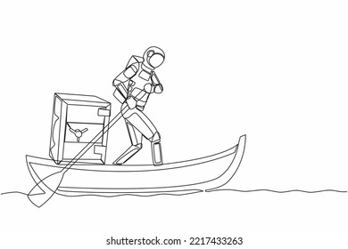 Single continuous line drawing astronaut sailing away on boat with safe deposit box. Bank deposit protection for space mission. Cosmonaut deep space. One line draw graphic design vector illustration