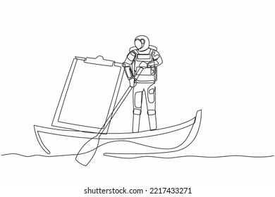 Single continuous line drawing astronaut sailing away on boat with clipboard. Document checklist for space mission preparation. Cosmonaut deep space. One line draw graphic design vector illustration