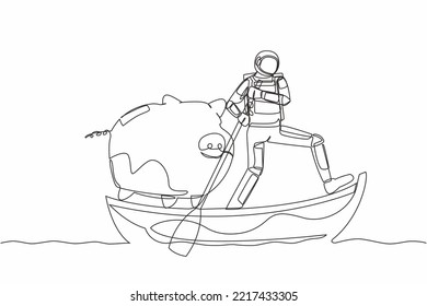 Single continuous line drawing astronaut sailing away on boat with piggy bank. Save money on the shuttle company due to crisis. Cosmonaut deep space concept. One line draw design vector illustration