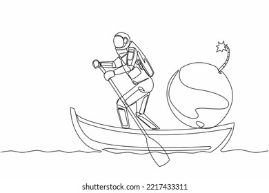 Single continuous line drawing astronaut sailing away on boat with bomb. Termination of space mission due to explosion world financial crisis. Cosmonaut deep space. One line design vector illustration