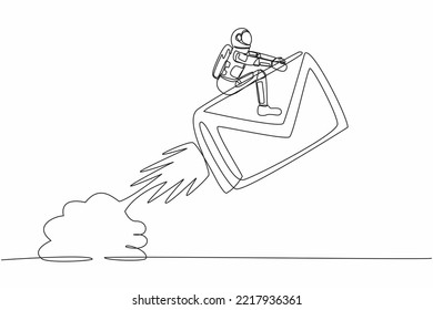 Single continuous line drawing astronaut riding paper envelope rocket flying in moon surface. Launching inter-galaxy digital messaging. Cosmonaut deep space. One line draw design vector illustration