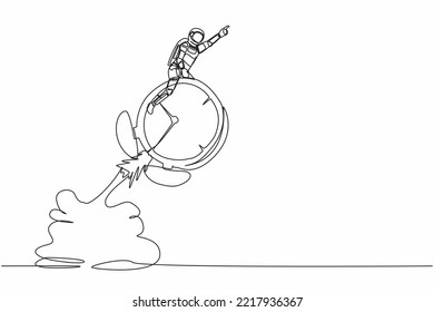 Single continuous line drawing of astronaut riding alarm clock rocket flying in moon surface. Time management to finishing spaceship project. Cosmonaut deep space. One line design vector illustration
