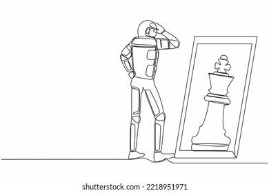 Single continuous line drawing astronaut standing in front of mirror reflecting chess king. Imagination and ambition to be greatest spaceman. Cosmonaut deep space. One line design vector illustration