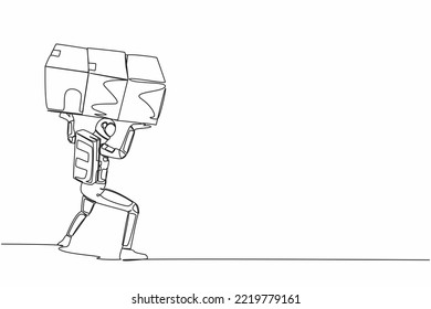 Single continuous line drawing of astronaut carrying heavy pile of box on his back. Frustration spaceman with stack of cardboard. Cosmonaut deep space. One line draw design vector graphic illustration