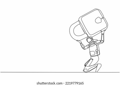 Single continuous line drawing astronaut carrying heavy padlock on his back. Space industry bankruptcy due to Covid-19 pandemic. Cosmonaut deep space. One line draw design vector graphic illustration