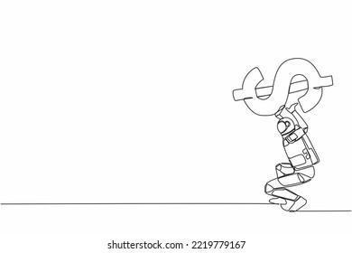 Single continuous line drawing astronaut carrying heavy dollar symbol on his back. Overworked and debt pressure in space company. Cosmonaut deep space. One line draw design vector graphic illustration
