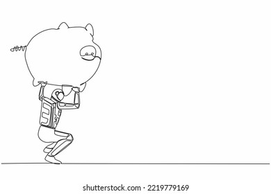 Single continuous line drawing astronaut carrying heavy piggy bank on his back. Broke and financial problems in space industry. Cosmonaut deep space. One line draw design vector graphic illustration svg