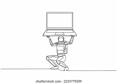 Single continuous line drawing astronaut carrying heavy laptop computer on his back. Fatigue or burnout work at space industry. Cosmonaut deep space. One line draw design vector graphic illustration