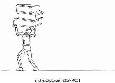 Single continuous line drawing astronaut carrying heavy pile paper folder on his back. Spaceship problem in database exploration. Cosmonaut deep space. One line draw design vector graphic illustration