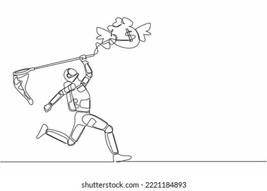 Single continuous line drawing of astronaut try to catch flying money bag with butterfly net. Achieving profit goal for spaceship development. Cosmonaut deep space. One line design vector illustration