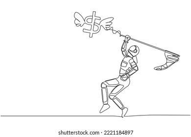 Single continuous line drawing astronaut try to catching flying dollar sign symbol with butterfly net. Economic crisis impacted space company. Cosmonaut deep space. One line design vector illustration