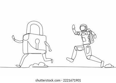 Single continuous line drawing astronaut run chasing padlock in moon surface. Space company security. Spaceship property protection. Cosmonaut deep space. One line design vector graphic illustration