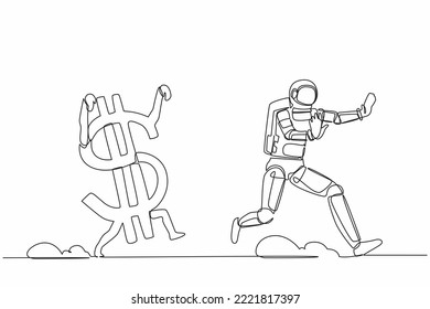 Single continuous line drawing astronaut being chased by dollar symbol. Afraid with economic or financial crisis in spaceship company. Cosmonaut deep space. One line graphic design vector illustration