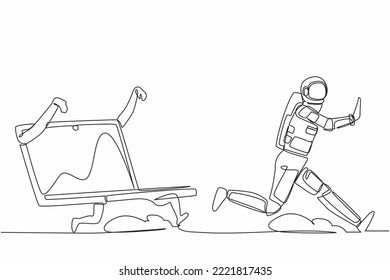 Single continuous line drawing astronaut being chased by laptop computer. Spaceman in spaceship expedition deadline of space industry. Cosmonaut deep space. One line graphic design vector illustration