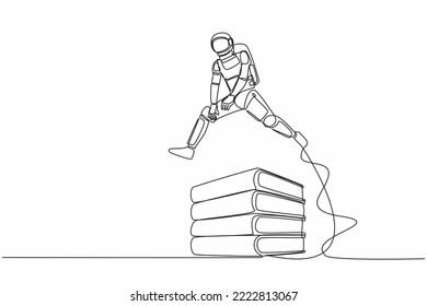 Single continuous line drawing astronaut jump over pile of binders. Spaceship expedition paperwork document. Information classification. Cosmonaut deep space. One line draw design vector illustration